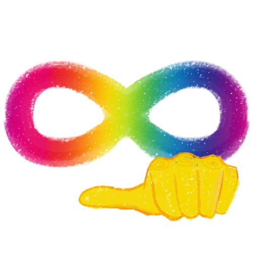 a rainbow infinity symbol with a yellow sideways thumbs next to it.